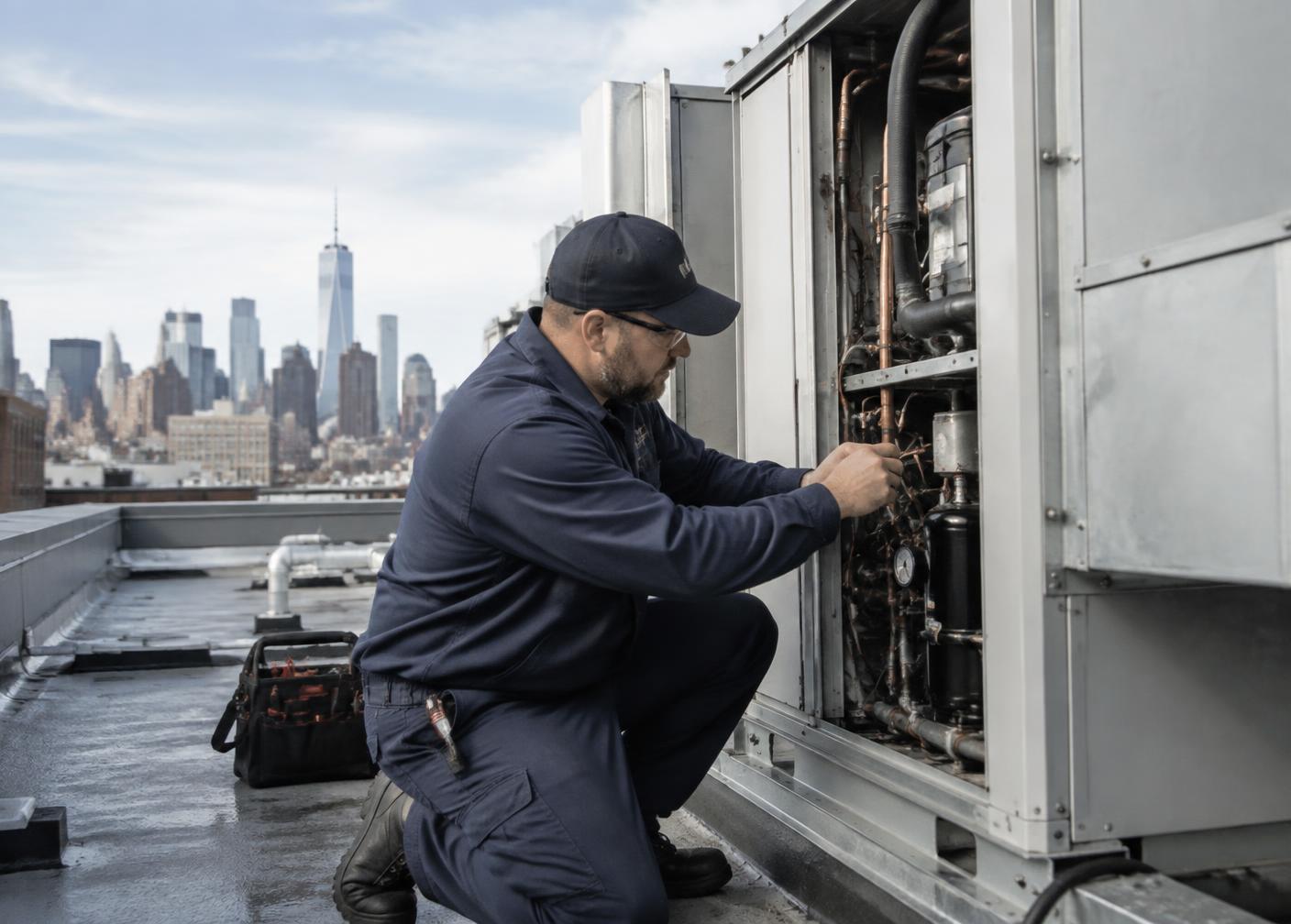 Technician working with commercial mechanical equipment