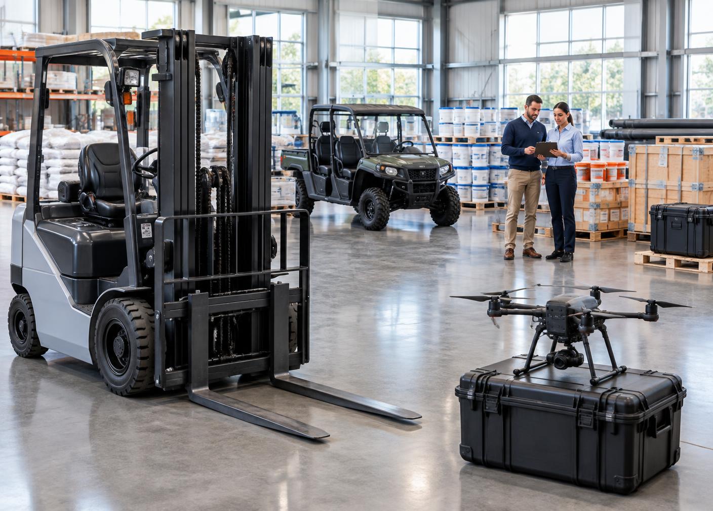 Forklift, professional drone, UTV, and palletized supplies ready for procurement delivery